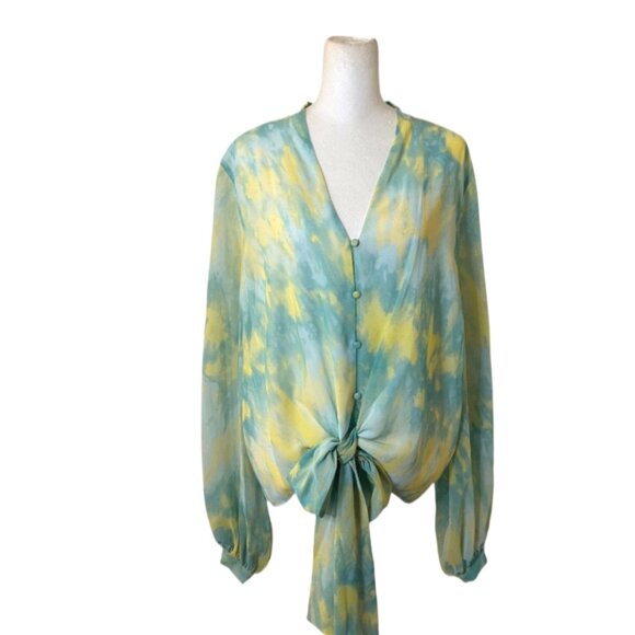 Vince Camuto Vivid Charm Green & Yellow Tie Dye Long Sleeve Blouse Size L NWT - Picture 4 of 13